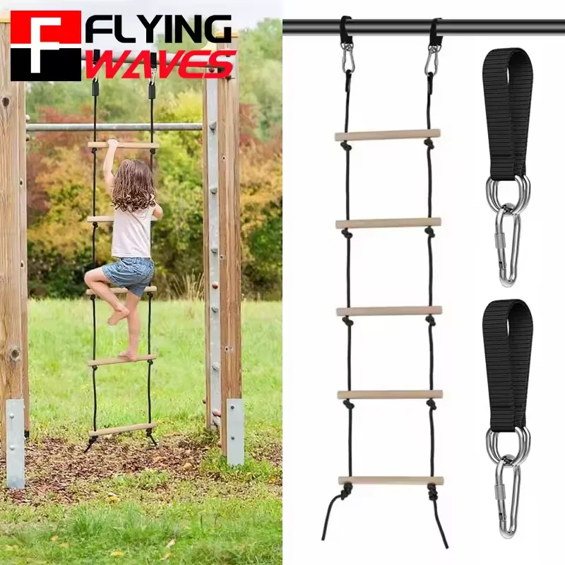 Black/Blue Five Gears Wooden Climbing Frame for Kids Outdoor Climbing Sports Soft Rope Ladder Kids Wooden Climbing Ladder
