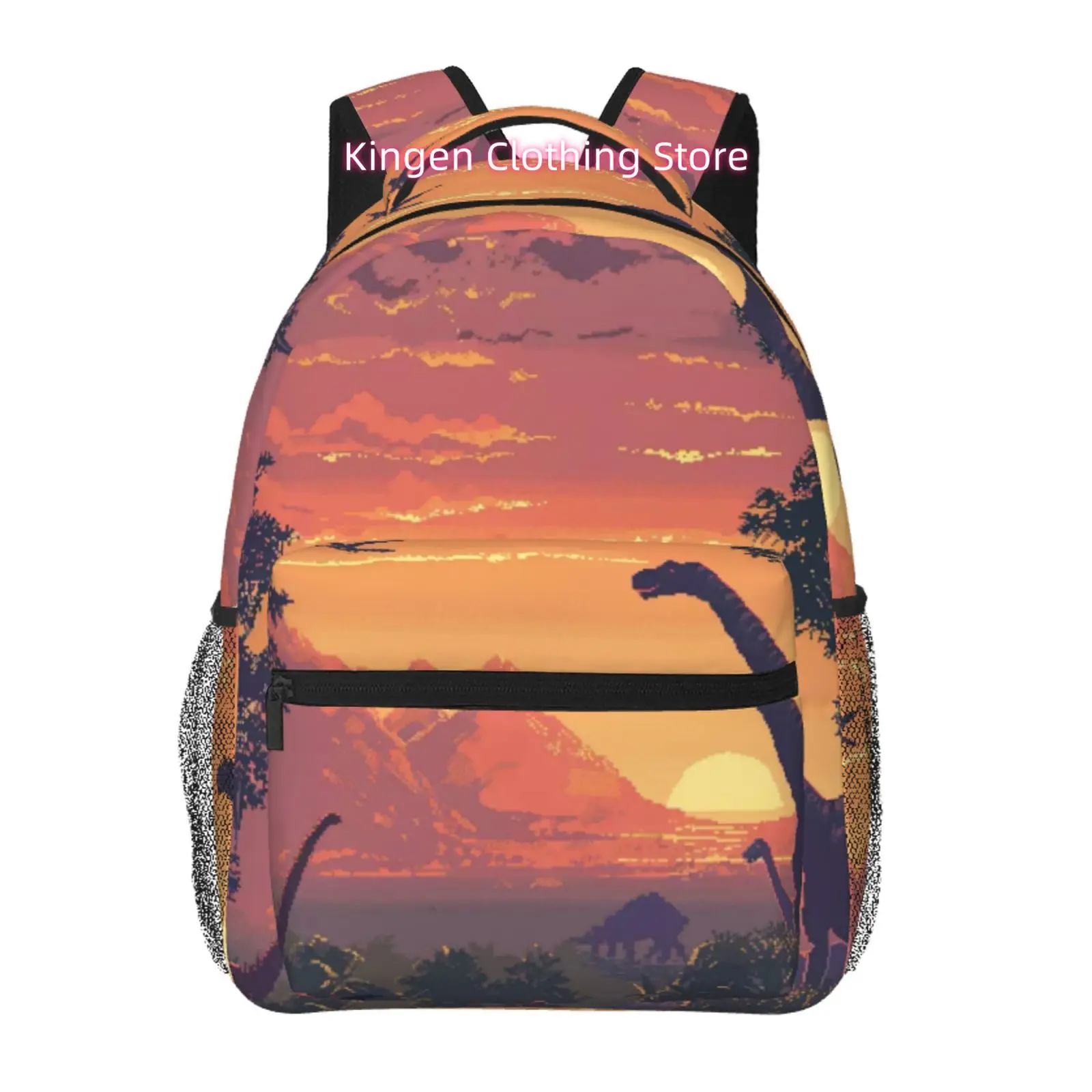 

Retro Pixel Dinosaur Backpack with Sunset Print - Large Capacity Laptop Suitable for Work,, Travel, Adjustable Straps & Multiple