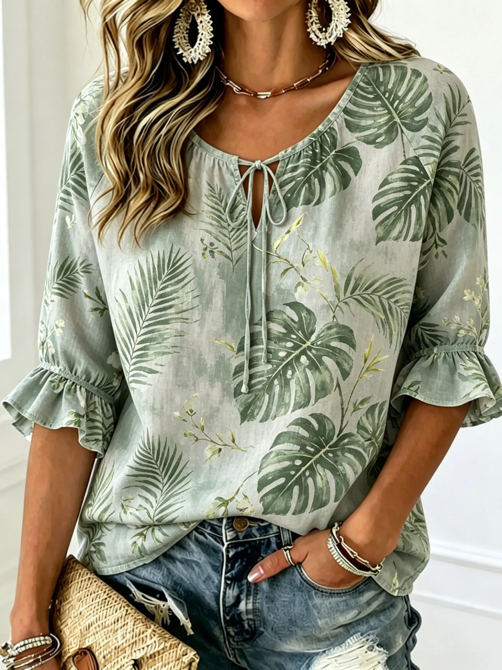 

Women's Tie Keyhole Neck Blouse, Sage Green Vintage Wash Tropical Monstera Leaf Floral Print, for Spring Summer Daily Outfits