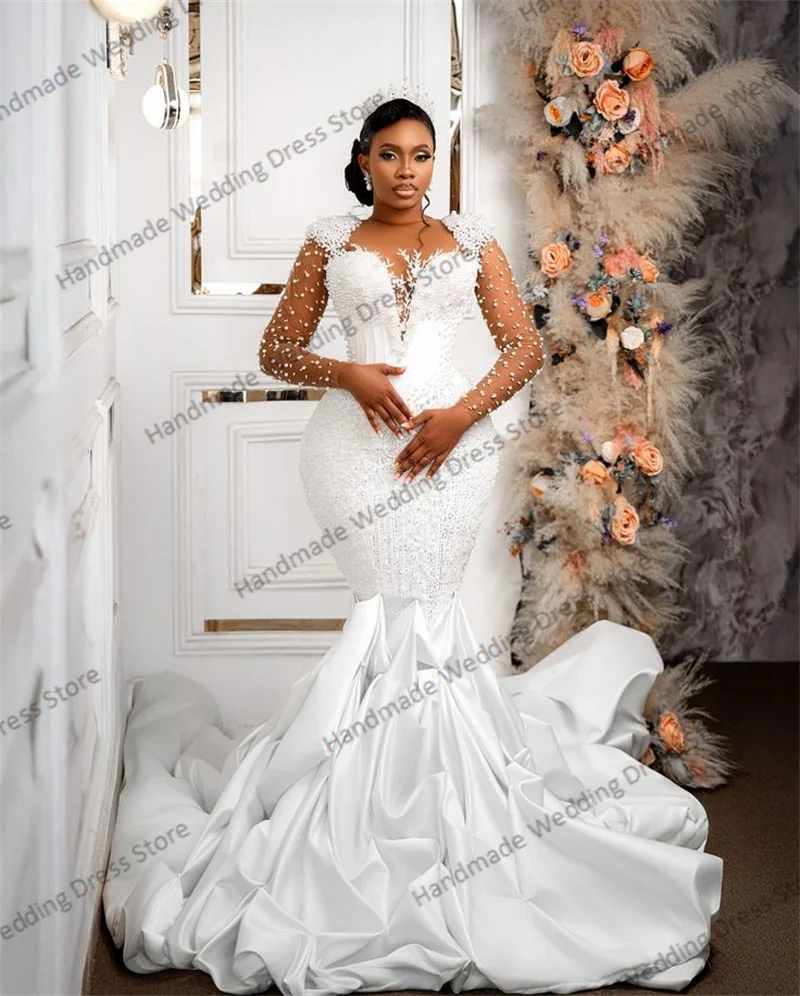 

Shiny Crystals Mermaid Wedding Dress Sexy Sheer Neck Full Sleeves Ruffles Train Bridal Gown Customized Beach Garden Long Robe