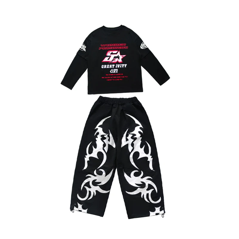 Stroje do tańca jazzowego dla dzieci na rok 2025, luźne koszule, spodnie cargo, garnitur dla chłopców, ubrania hip-hopowe rave dla dziewcząt, DQS21311