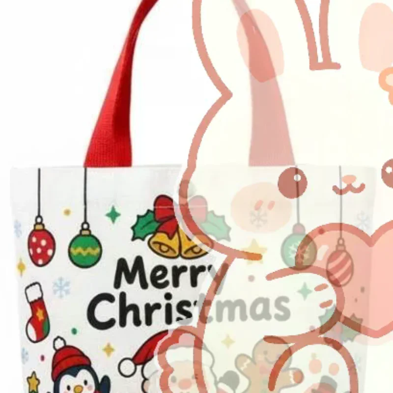 Christmas Handheld Cloth Bag Cartoon Santa Print Reusable Xmas Gift Pouch for Holiday Party Decor Kids Present Wrapping