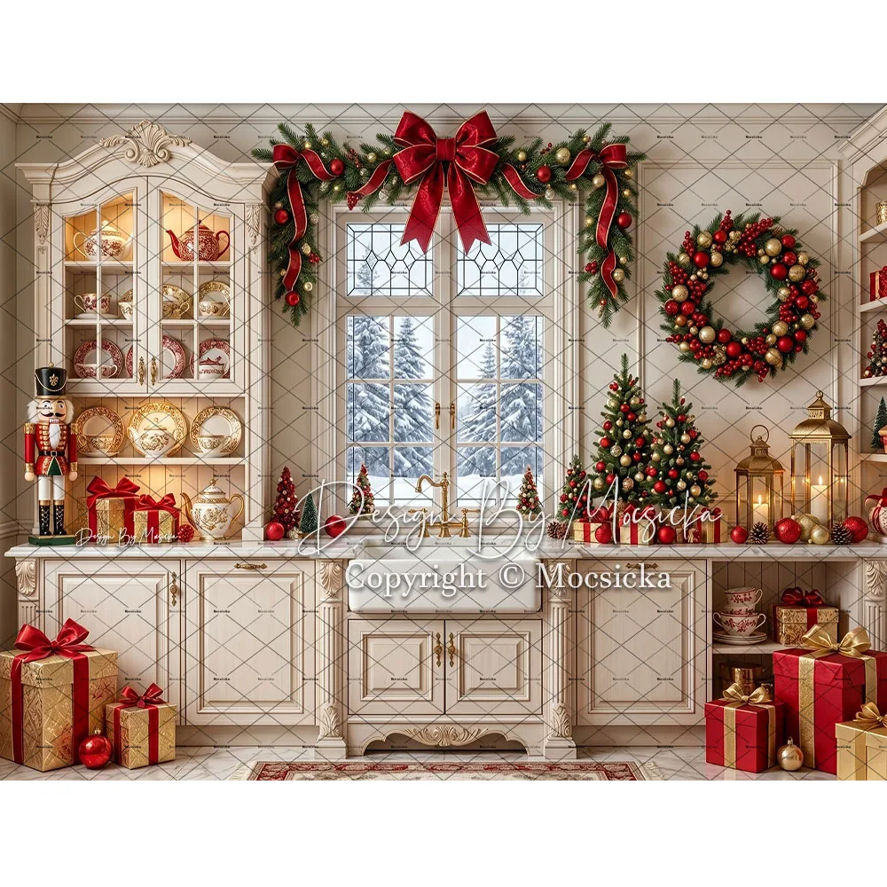 Mocsicka Christmas Kitchen Backdrop Photography White Cabinet Nutcracker Window Background Holiday Family Baking Portrait Photo