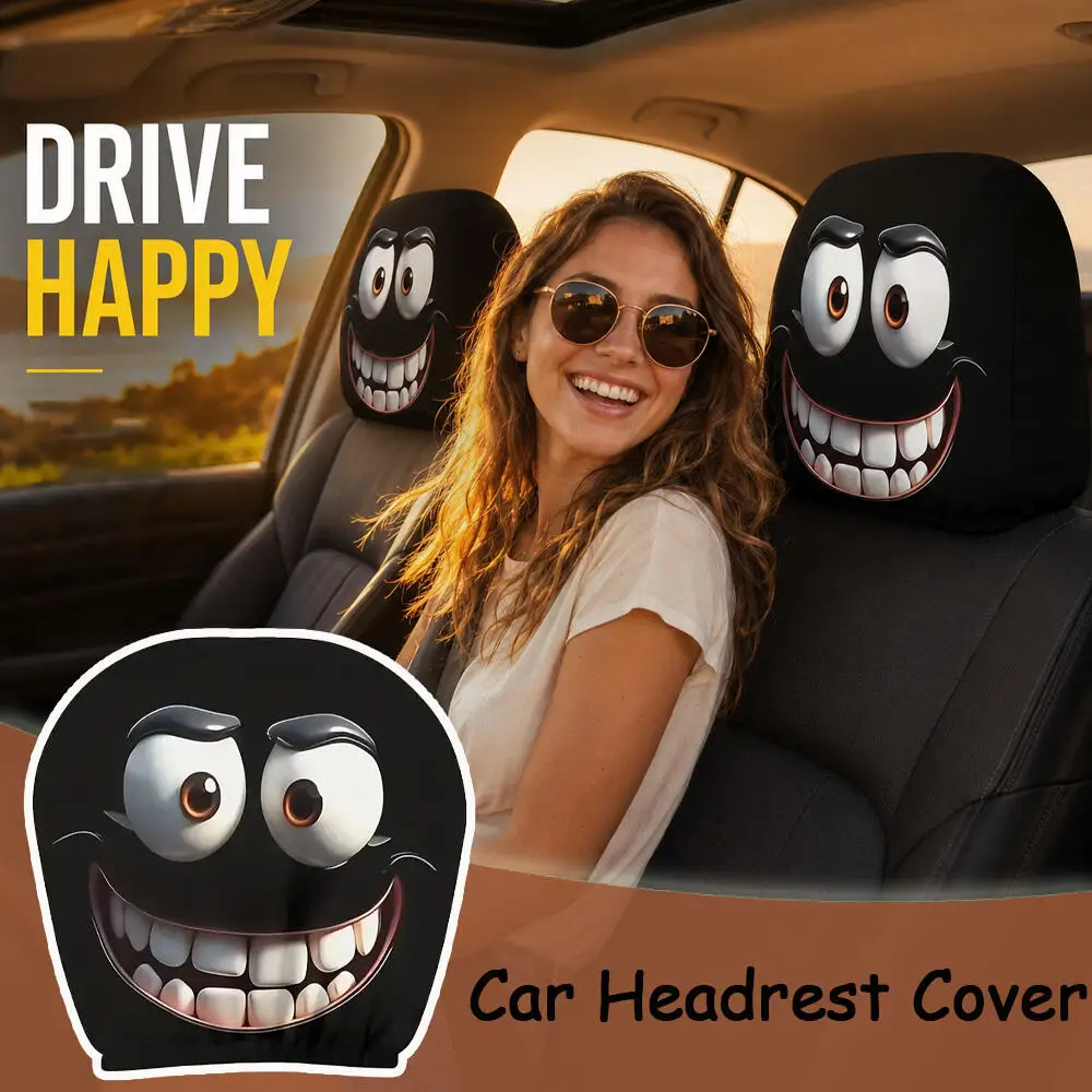 2Pcs Wide-Eyed Grinning Face Car Headrest Covers, Soft High Elastic 2D Flat Printed Universal Auto Interior Headrest Protectors