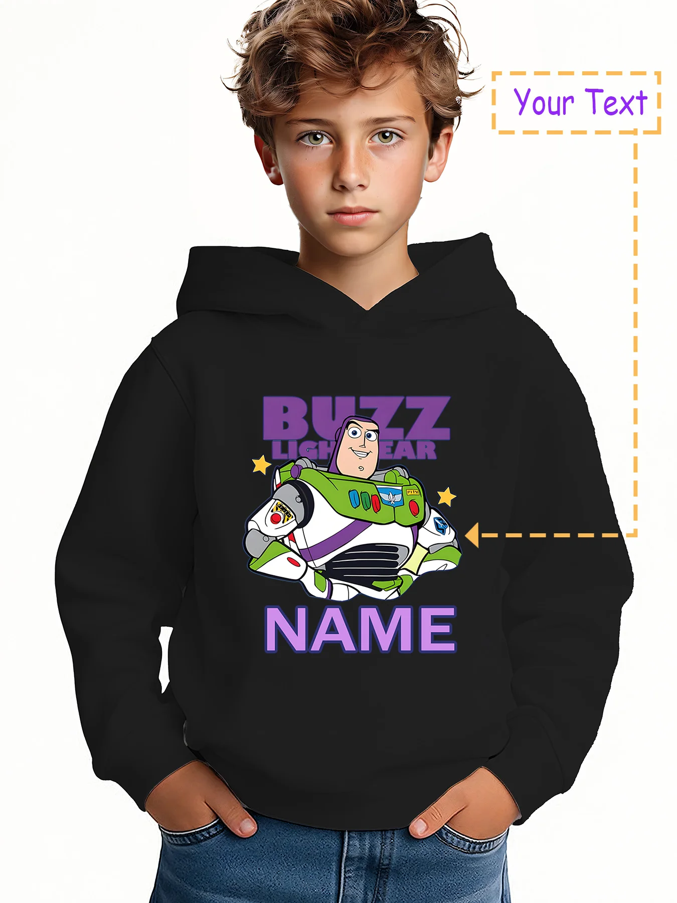 

MINISO Custom Buzz Lightyear Hoodie - Featuring a cool Buzz Lightyear graphic and a purple "NAME" design. Perfect for Toy Story
