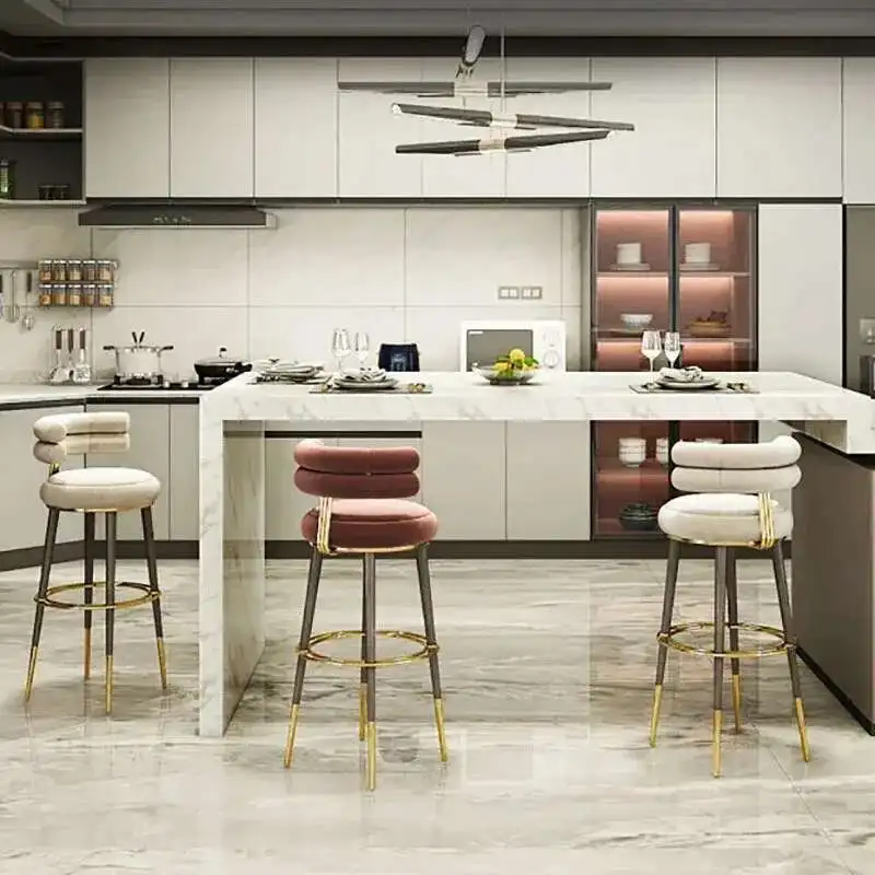 

Luxury Stainless Steel Rotating Bar Chair Italian Fabric High-foot Bar Chairs for Kitchen Modern Minimalist Home Back Bar Stools