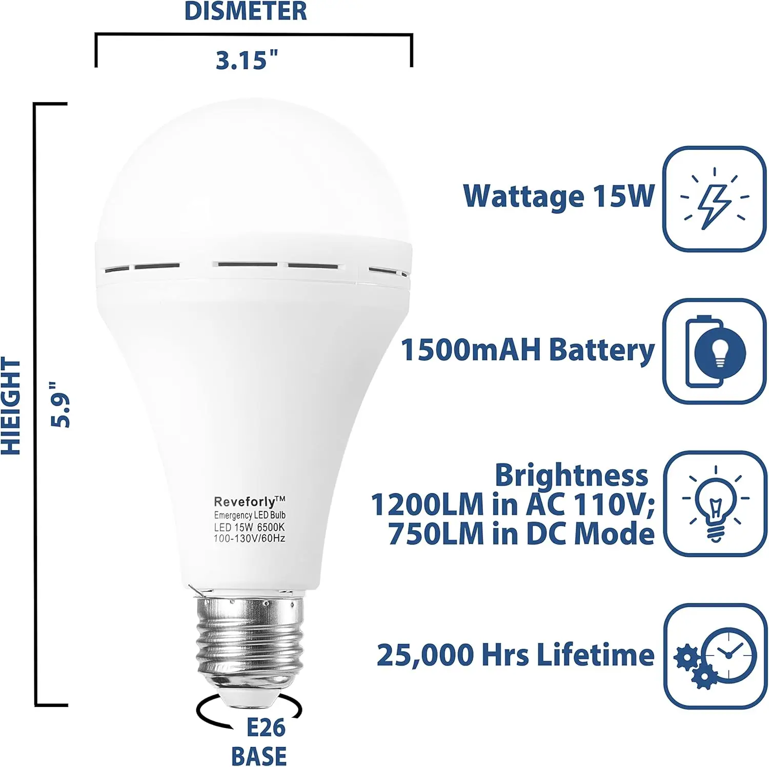 Rechargeable Emergency Light Bulb for Power Outage, Battery Backup LED Bulb for Home Power Failure, Hurricane, Thunderstorm, 1500mAh  80W Equivalent, 6000K Daylight White