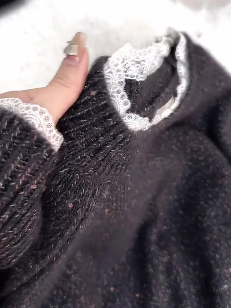 andong Qingdao Sle Lazy Faionable Lace Strickpullover Damen Herbst Winter Lose Weiche Woll Lange Sve Runde Ne Top