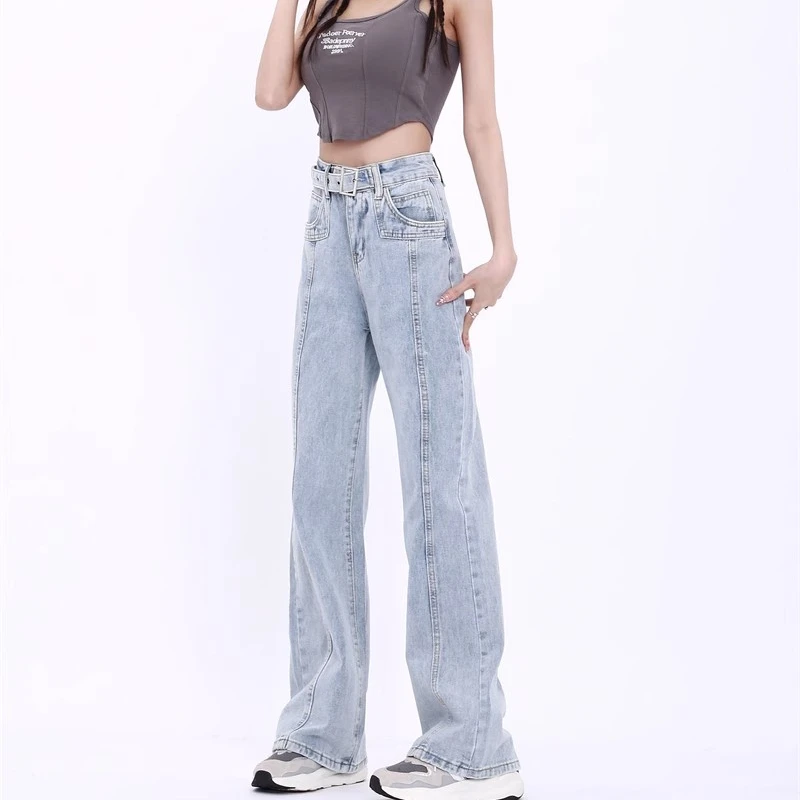 Light-colored straight loose jeans women 2024 spring and summer high-waisted thin design niche draped wide-leg flared pants