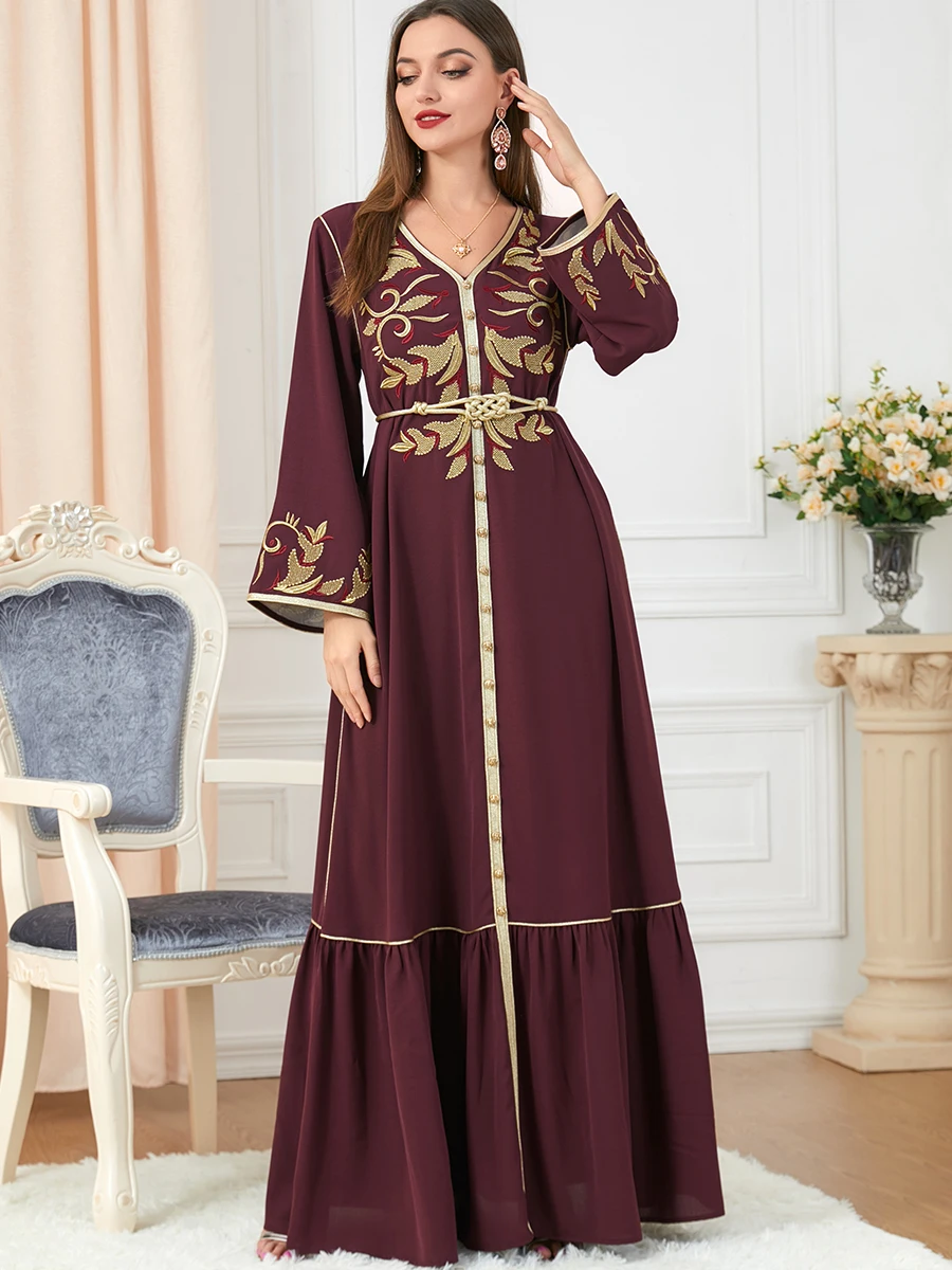 Imagem -02 - Ramadan Muçulmano Abaya Marrocos Vestido Feminino Islmaic 2023 Dubai Abayas Bordado com Cinto Kaftan Elegante Vestidos de Festa Primavera