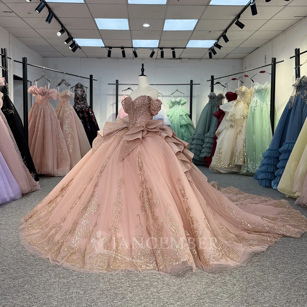 

Женское платье Quinceanera из бисера по индивидуальному заказу с открытыми плечами и блестящими оборками с кисточками, милое платье для выпускного вечера 15, 16, многоуровневое бальное платье из органзы