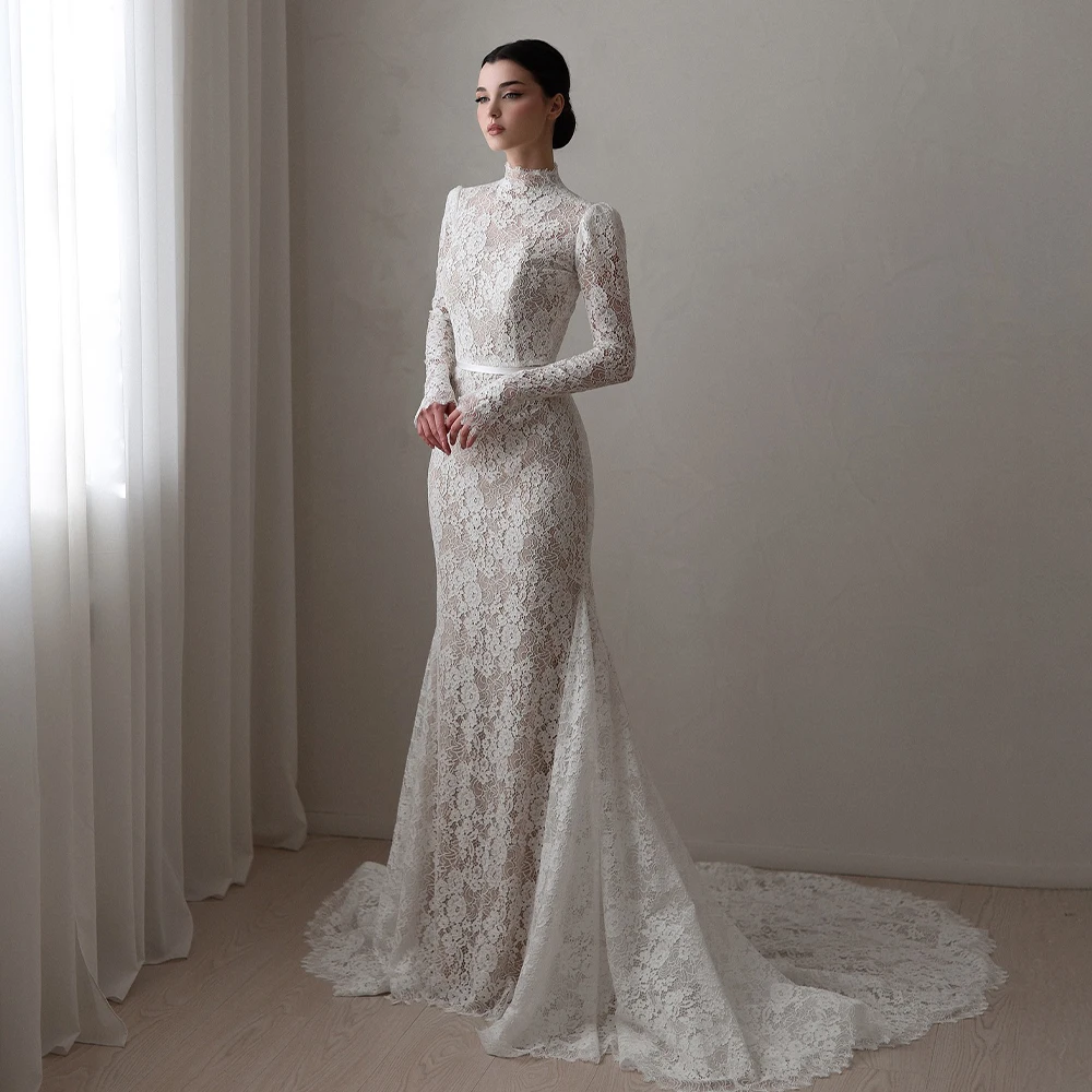 Elegant Lace Wedding Dresses Mermaid Long Sleeve Bride Dress High Neck Sweep Train Bridal Gown Vestido De Novia Customized