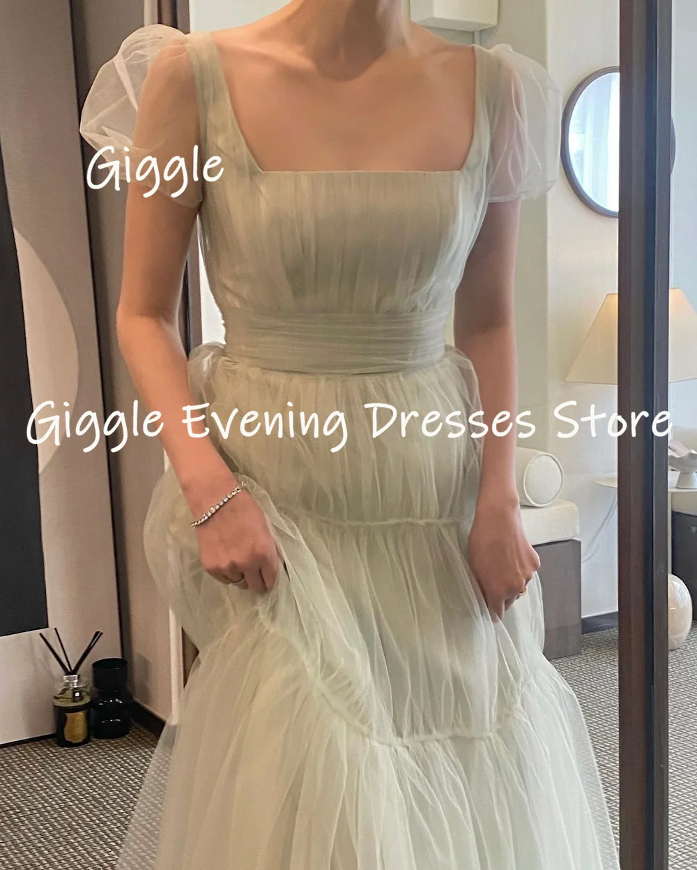 Giggle Tulle Square Neckline Ruffle Popular Evening Dresses Short Sleeves Zipper Back Dresses for Prom Bride Dress