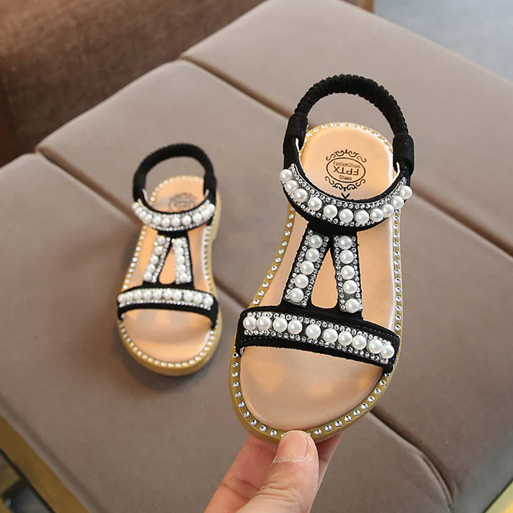

Girls Pearl Sandals Pu Kids Sandals Breathable Flat Shoes For Baby Girl Party Festival Wear Black Size 1