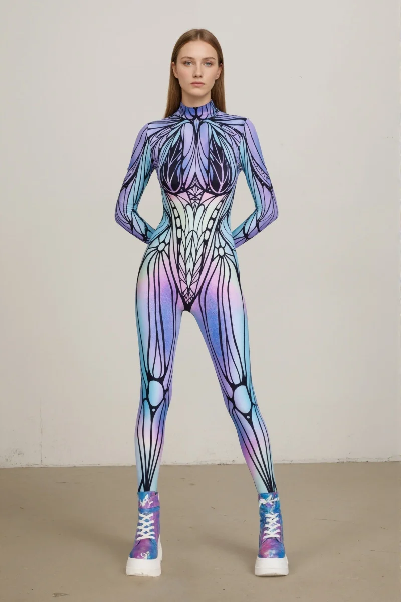 Neuer bunter Schmetterlings-Print-Cosplay-Bodysuit für Damen, Erwachsenen-Halloween-Karnevalsparty-Märchenkostüm, Bühnenkostüm, Zentai-Anzug – Detail 12