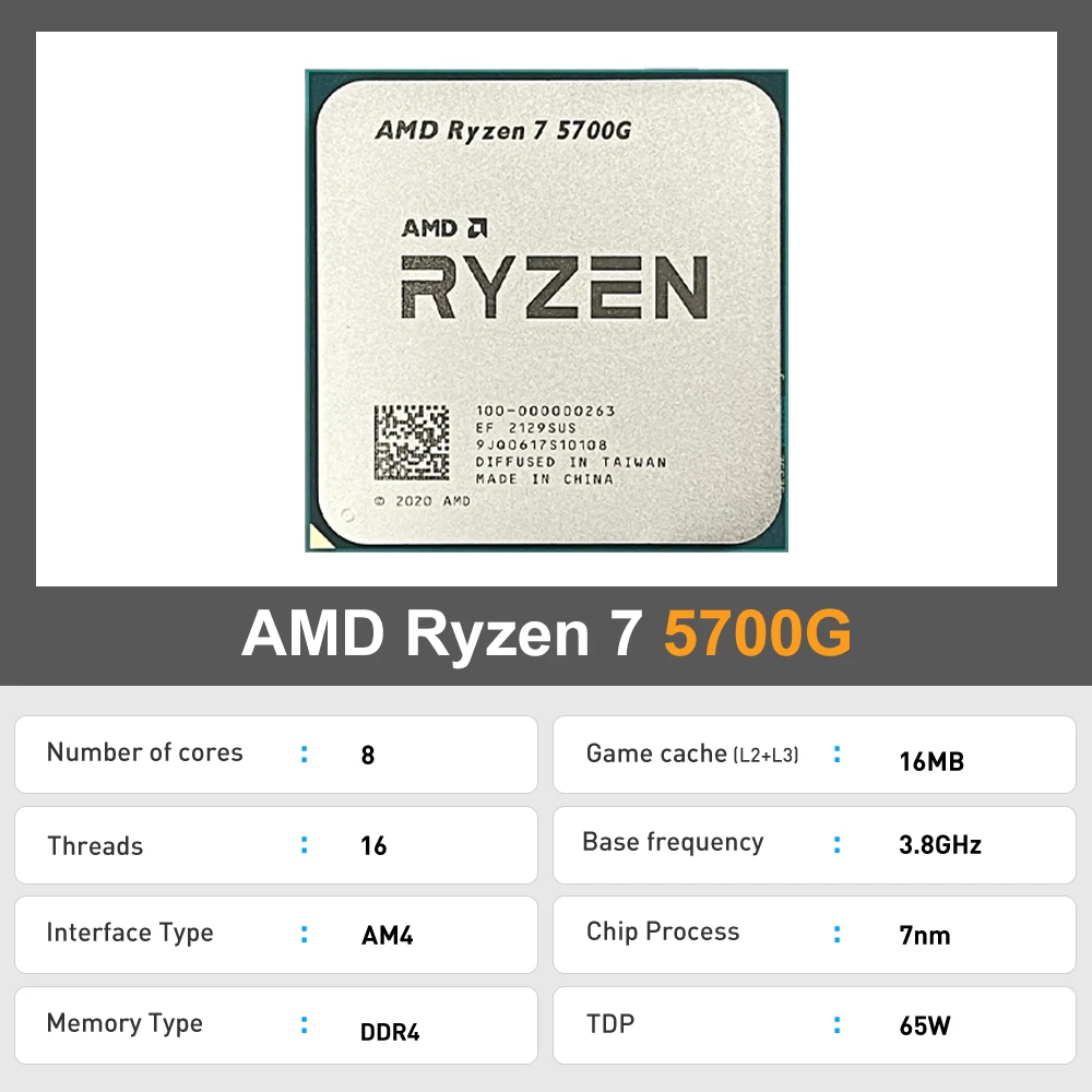 AMD Ryzen 7 5700G R7 5700G 4.6 GHz 8-Core 16-Thread CPU Integrated Graphics Vega 8 2000MHz DDR4 Socket AM4 New but without fan