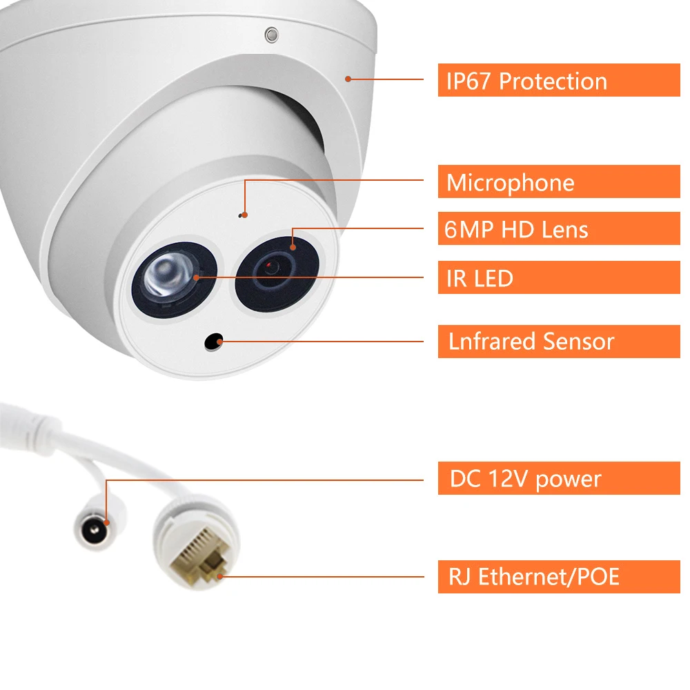 Dahua 6MP IPC-HDW4631C-A POE Mini Dome IP Camera Built-in MIC CCTV 50M IR Night Vision Surveillance Network Camera