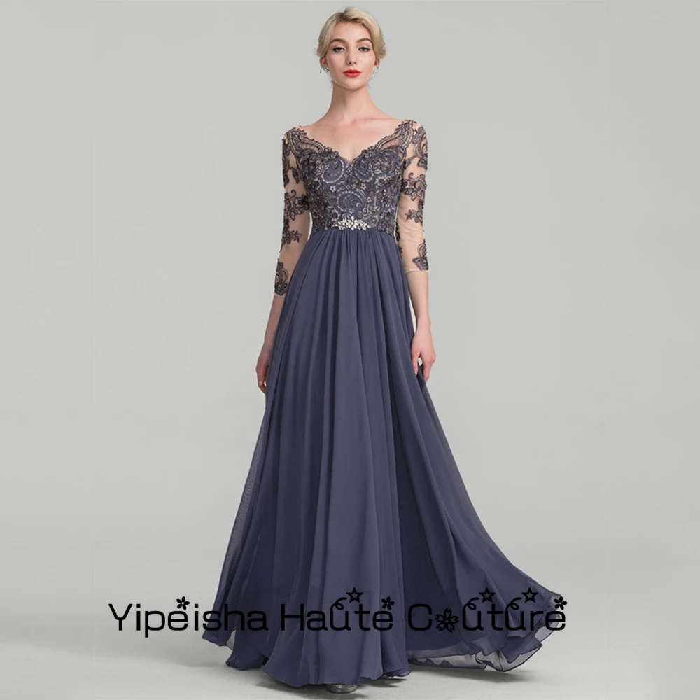 Yipeisha-Robe mère de mariée en mousseline de soie, bleu royal, ligne A, col en V, manches trois quarts, robe de soirée de mariage, sur mesure, nouveau, 2022