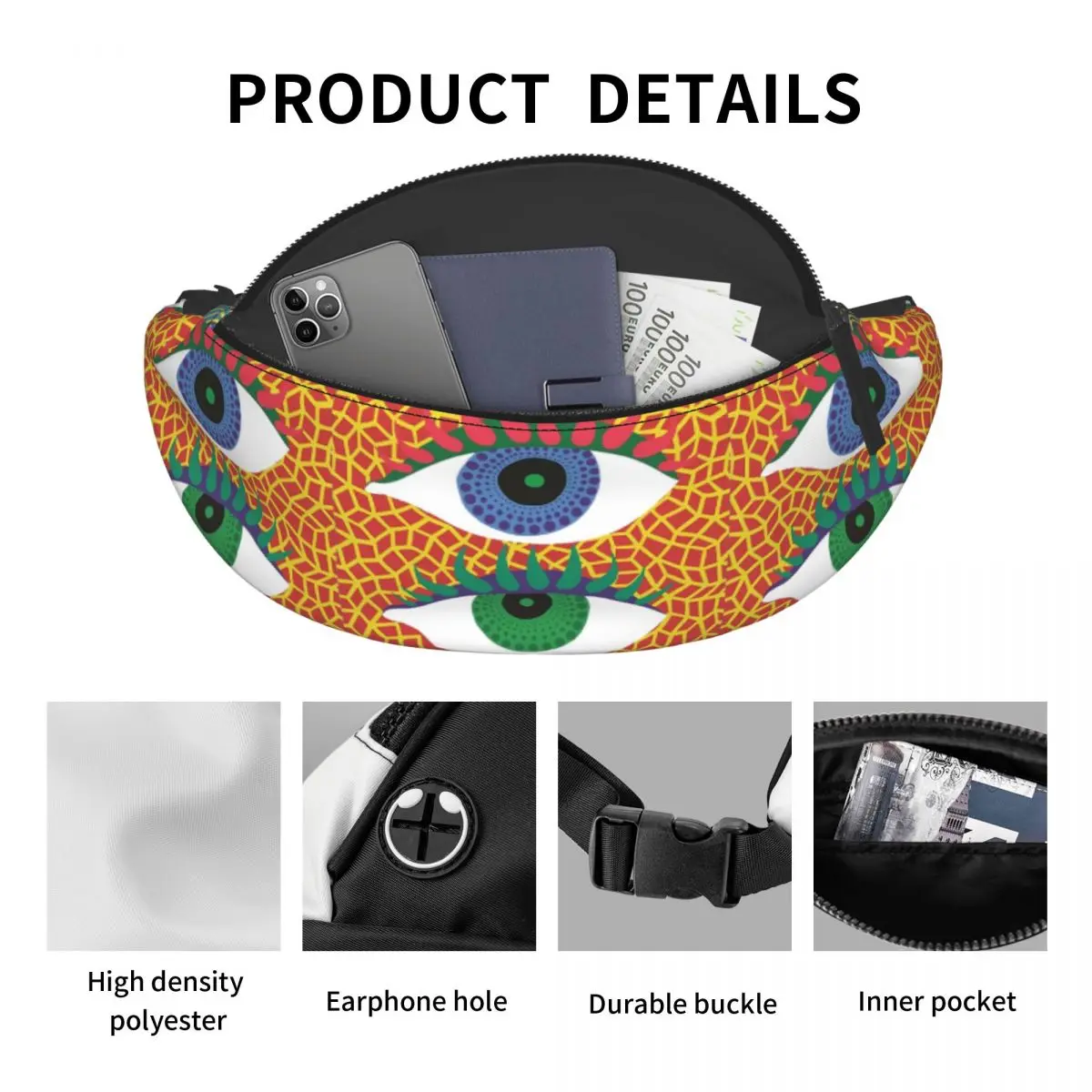 Eye Yayoi Kusama Fanny Pack personalizado para homens e mulheres, bolsa de cintura crossbody para correr, bolsa de dinheiro, legal, abstrato, visão, pintura, telefone