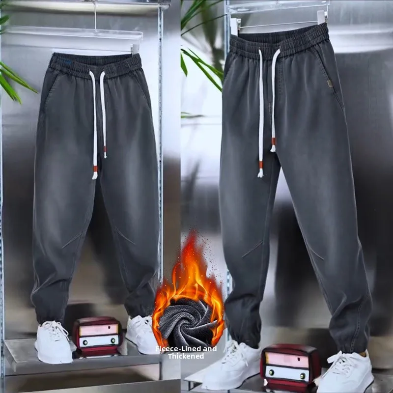 

Мужские зимние повседневные брюки с утеплением, на шнурке, с манжетами, свободного кроя, в стиле Харадзюку, модные, универсальные, в американском стиле, для повседневной носки