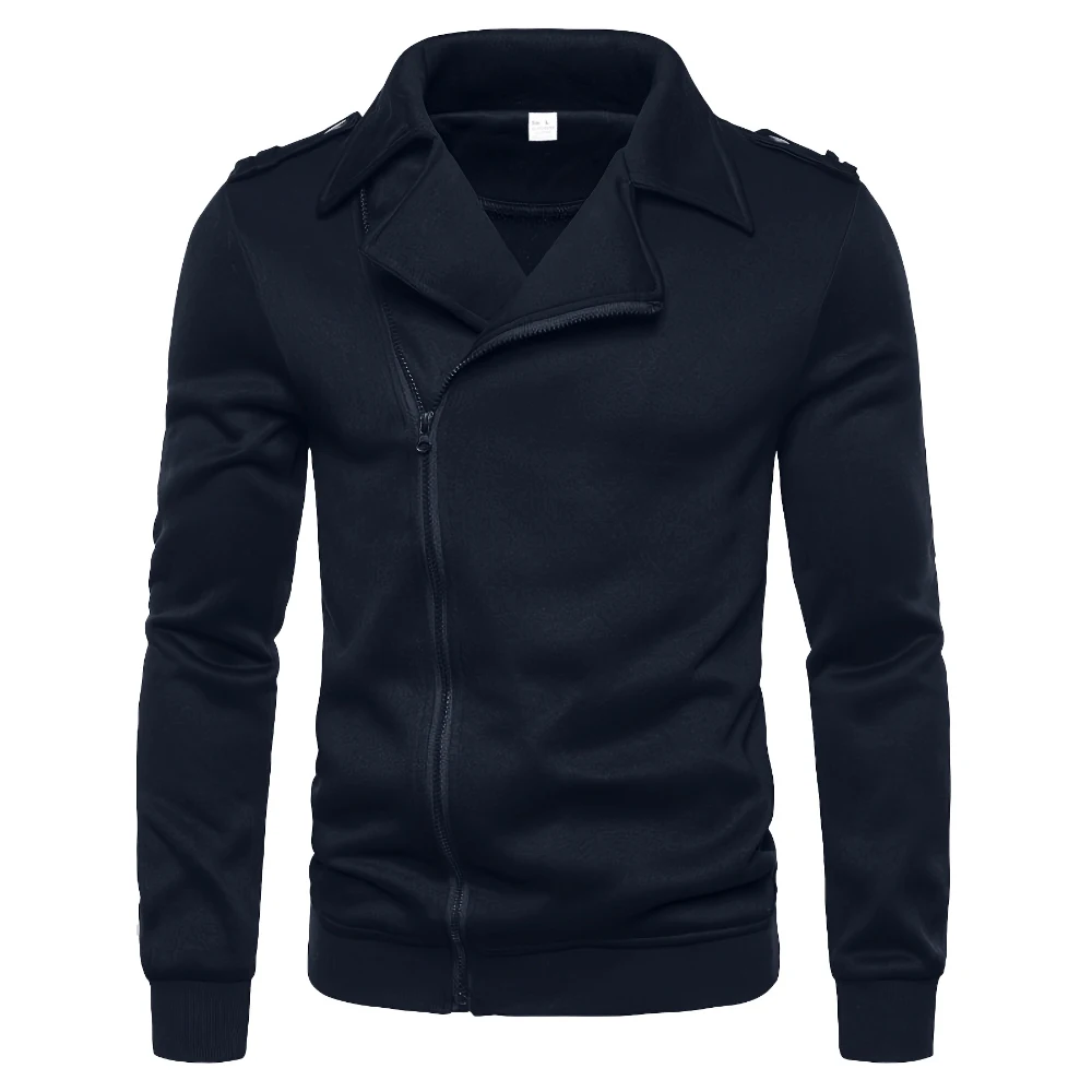 Men's casual pure-color popular motorcycle style fleece jacket, men's slant zipper turtleneck jacket, suitable for outdoor festi