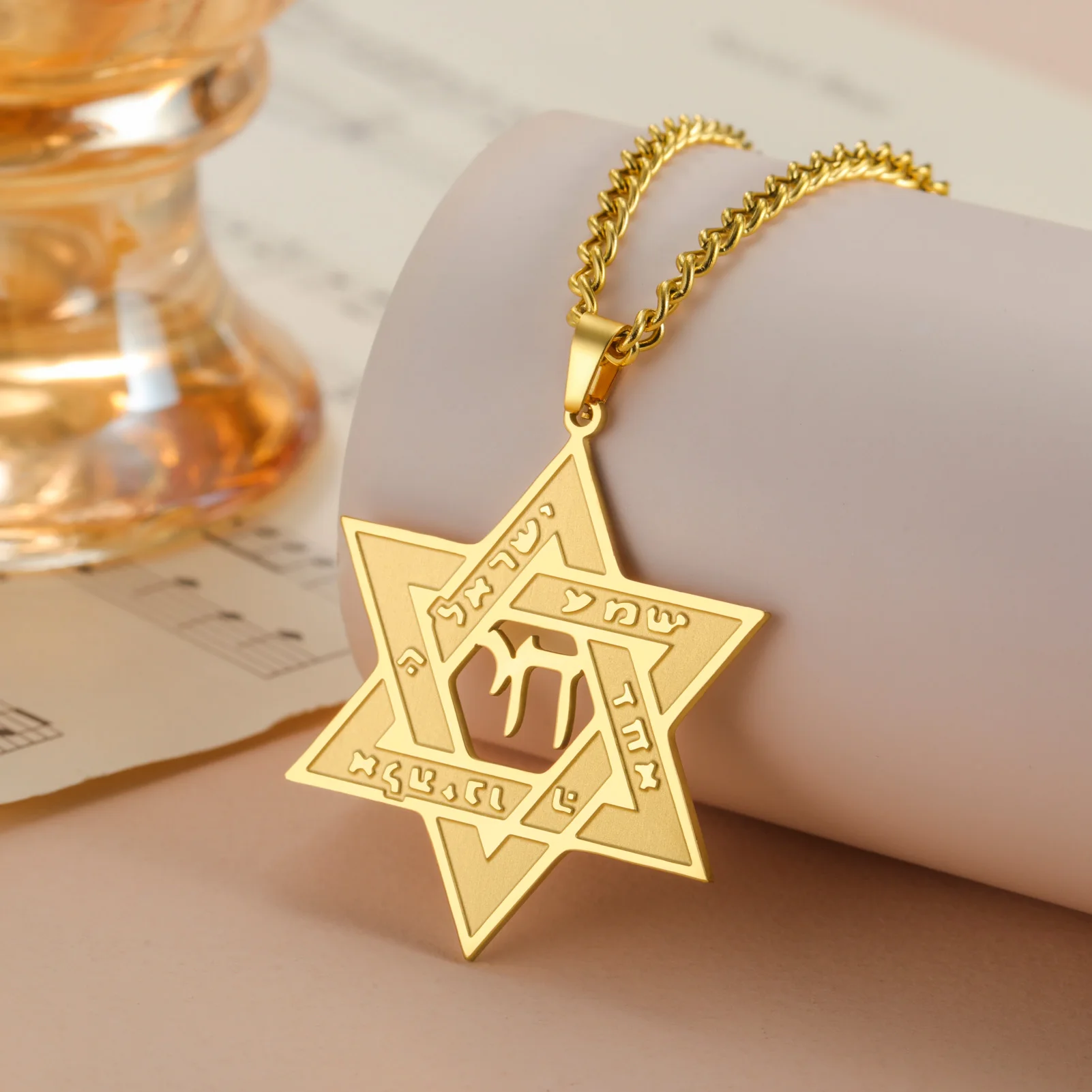 Jeshayuan Hebrew Chai Jewish Menorah Hanukkah Necklace for Women Star of David Stainless Steel Necklaces Amulet Jewelry Gift