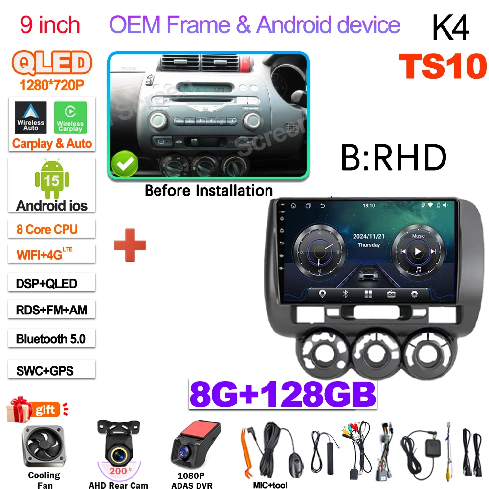 Android 15 Car Radio For Honda Fit Jazz City 2002 2003 2004 2005 2006 2007 Multimedia Video Player Navigation GPS 5G Carplay RDS image 3
