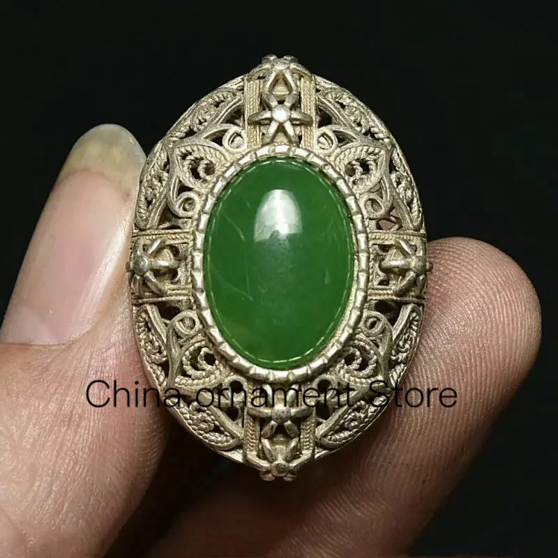 

4Cm Rare Old China Miao Silver Inlay Gems Dynasty Palace Bat Flower Ring