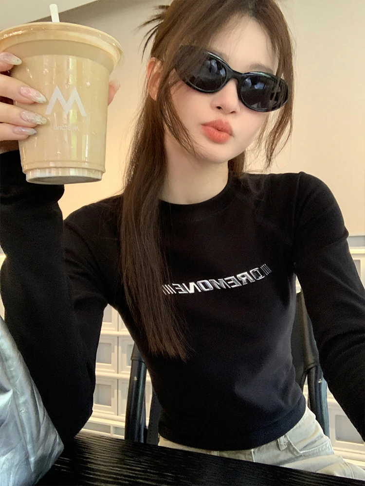 تي شيرت نسائي من القطن الخالص Bla ort Sve طويل Sve بعرض الكتف مقاس عادي تصميم غير رسمي مطبوع قاعدة irt #4