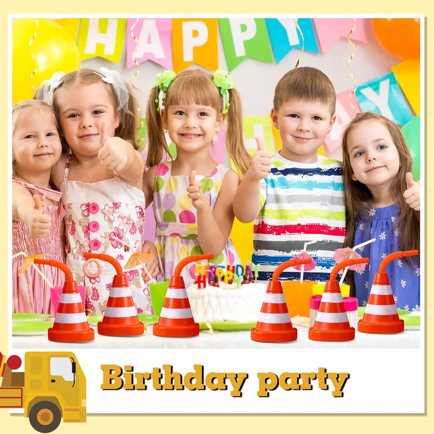 Construction Cone Cups with Straws, Traffic Party Favor Cups,Kids Party Race Cups Set for Construction Traffic Theme Racing Car
