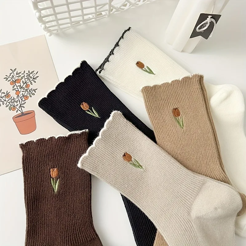 5 Pairs of Socks Women'S Mid-Tube Autumn And Winter Solid Color Lace Women'S Sock Retro Flower Tulip Korean Style Trendy Casual
