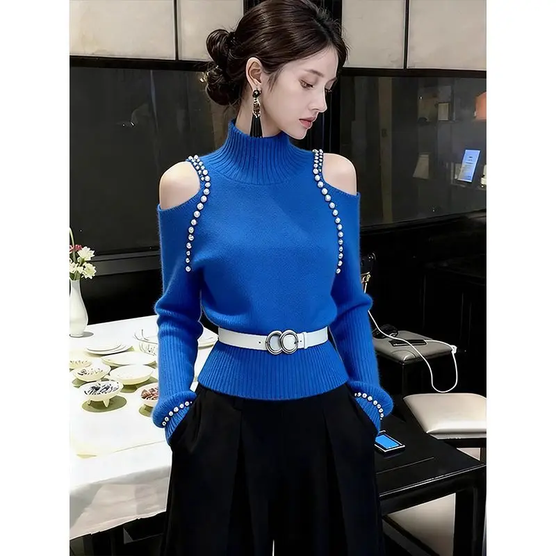 

Turtleneck Off-the-shoulder for Women' Senior Sense Unique Beautiful Age-reducing Small Fragrant Style Waist-pinched Knitted Top