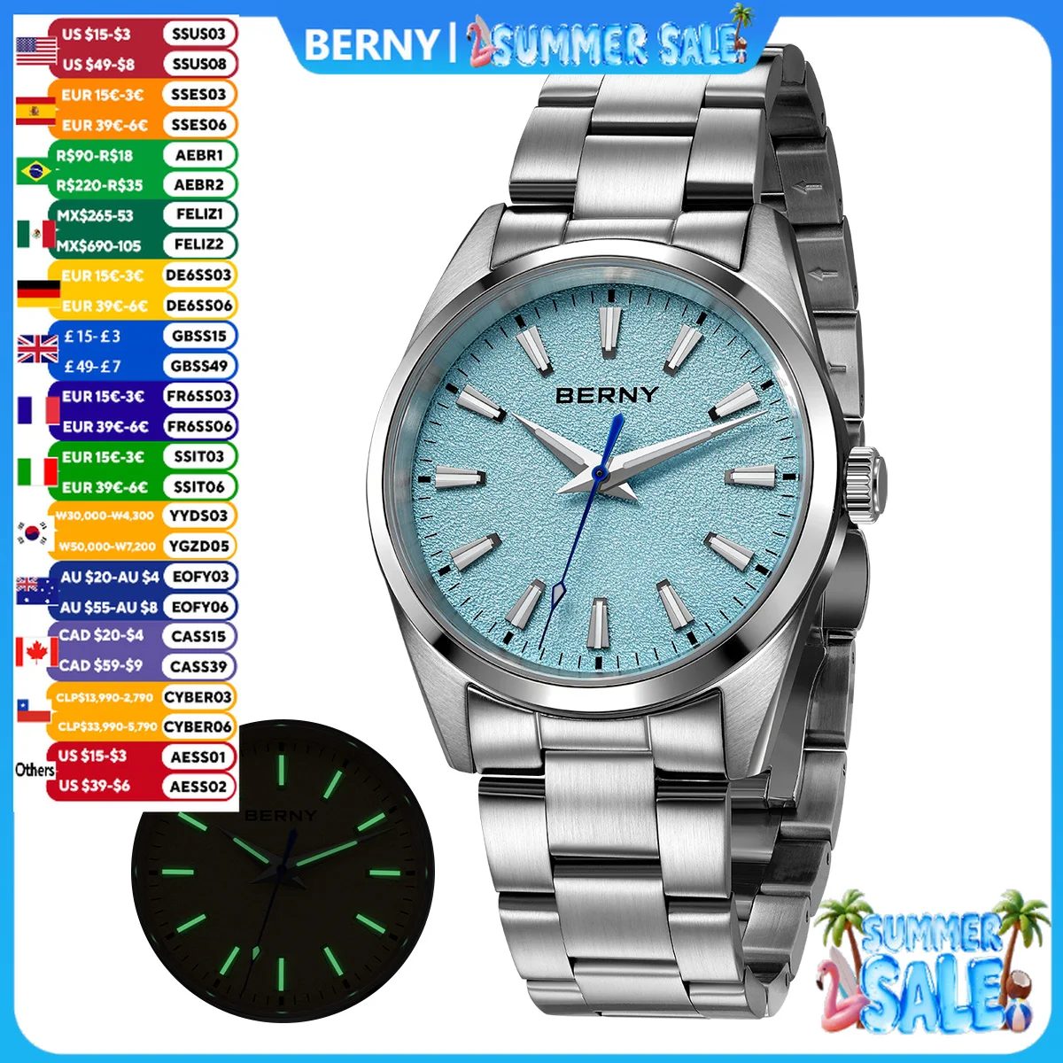 

BERNY Men's Watch Luminous AR Sapphire 10ATM Classic Dress Business Quart Watches for Men Fashion Casual Wristwatch