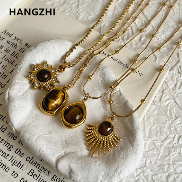 HangZhi Natural Stone Titanium Steel Pendant Necklace Rhinestone Flower Oval Gold Color Charm Sweater Chain Jewelry for Women AliExpress