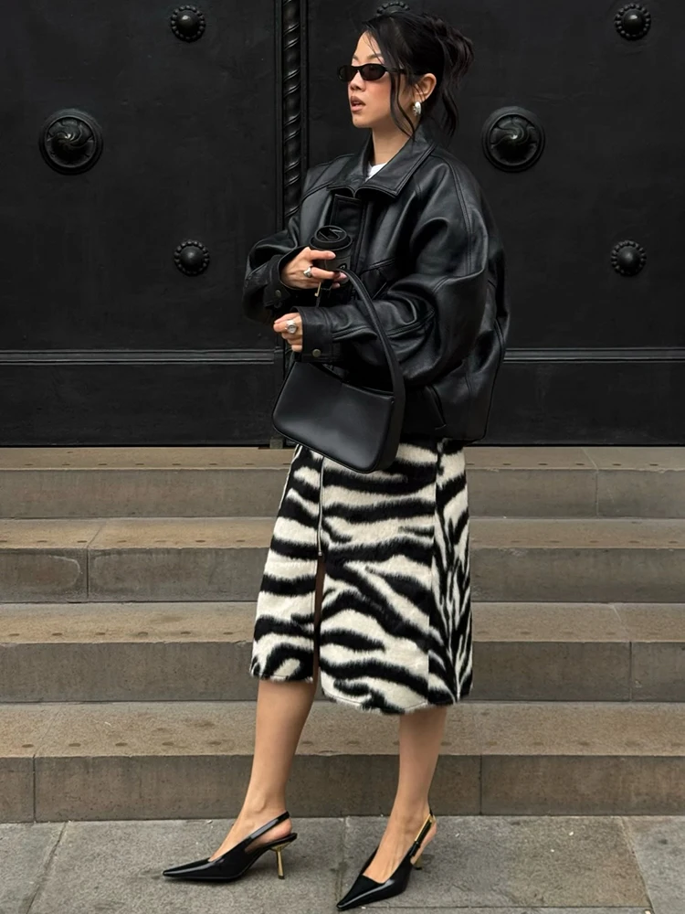 Vintage Zebra Print Fuzzy Midi Straight Skirt Women Chic High Waist Slit Front Zipper Versatile Skirts Casual Trendy Streetwear