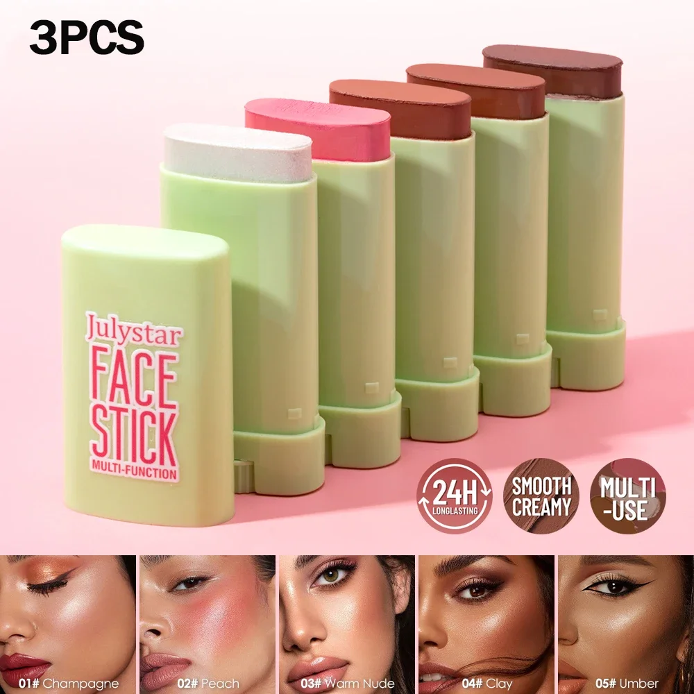 Cream Face Makeup Stick 3 Pack, Multi-use Blush Contour Highlighter Stick, Portable Long Lasting Facial Makeup for Women