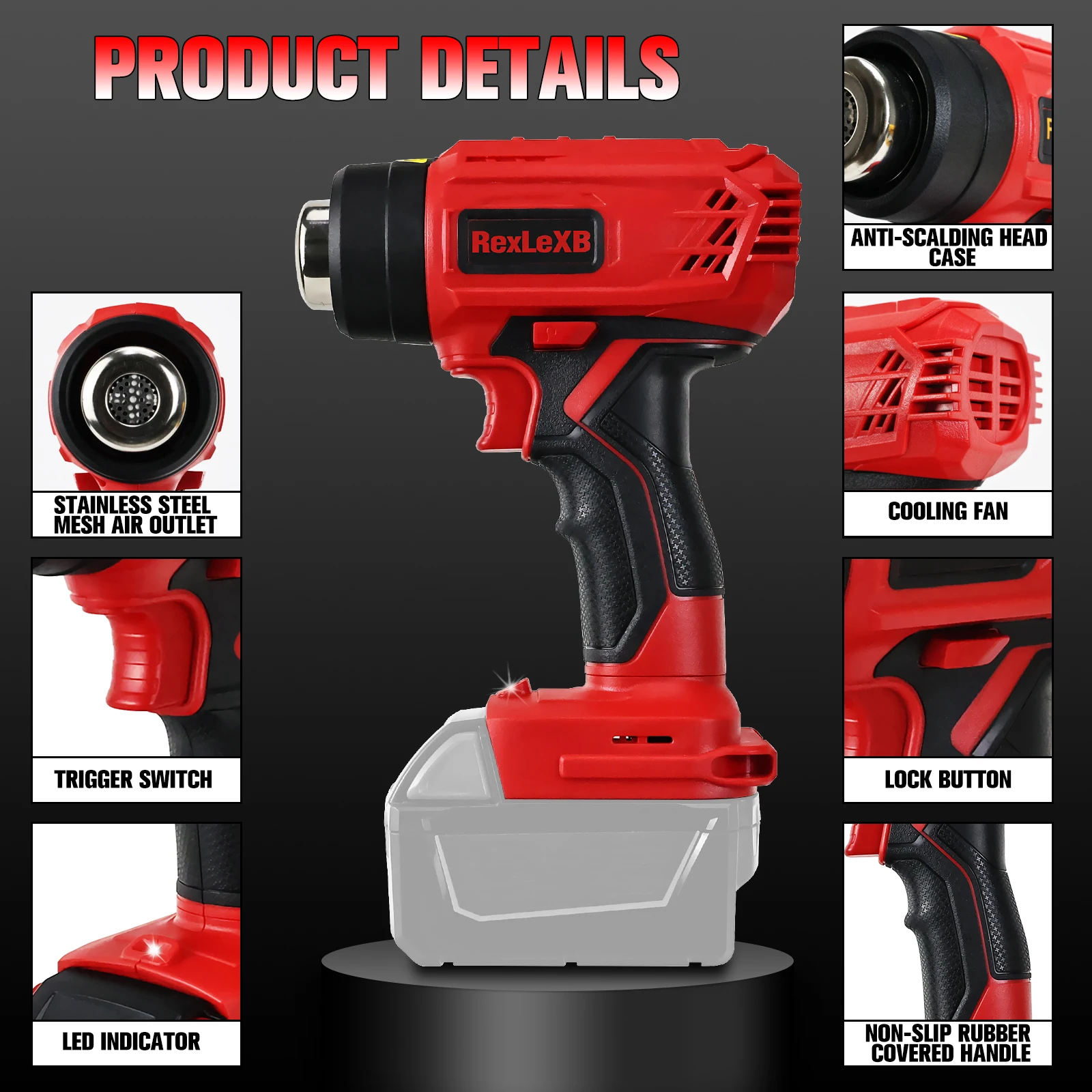 Pistola de ar quente sem fio com 4 bicos, 400W, envoltório encolhível, proteção contra sobrecarga, bateria Li-ion 18V, sem bateria