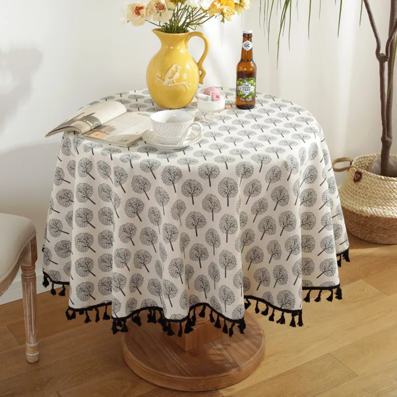 

Table Cloth Round Gray Tree Printed with Black Tassel Linen Table Cover Farmhouse Postal Style for Coffee Table Decor Anti-stain
