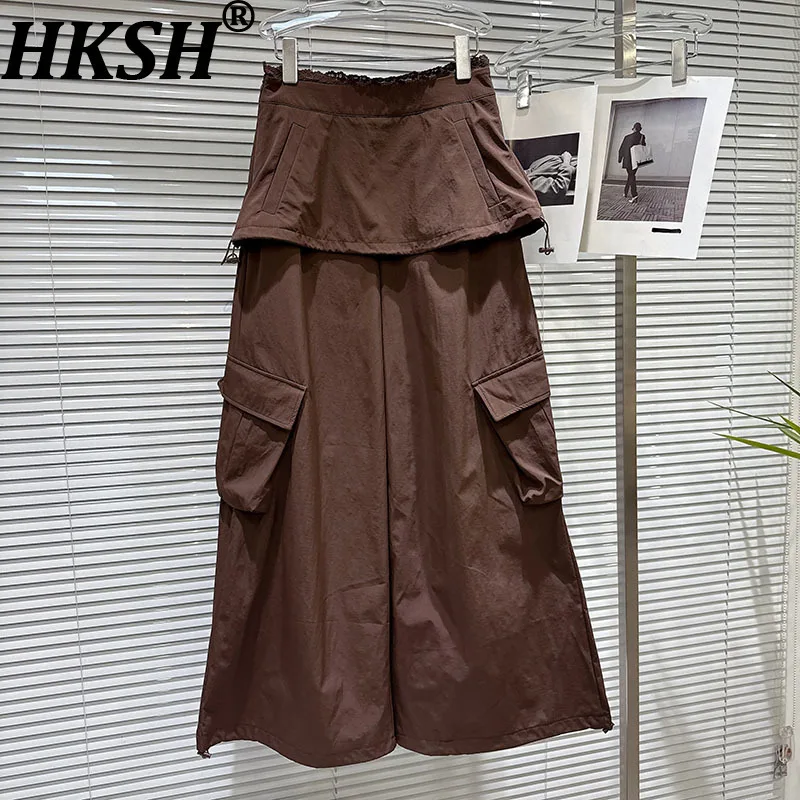 

HKSH осенние новые женские повседневные широкие брюки с кружевной отделкой, юбка в стиле пэчворк, искусственная двухсекционная юбка с несколькими карманами в стиле сафари Chic Tide HK10181
