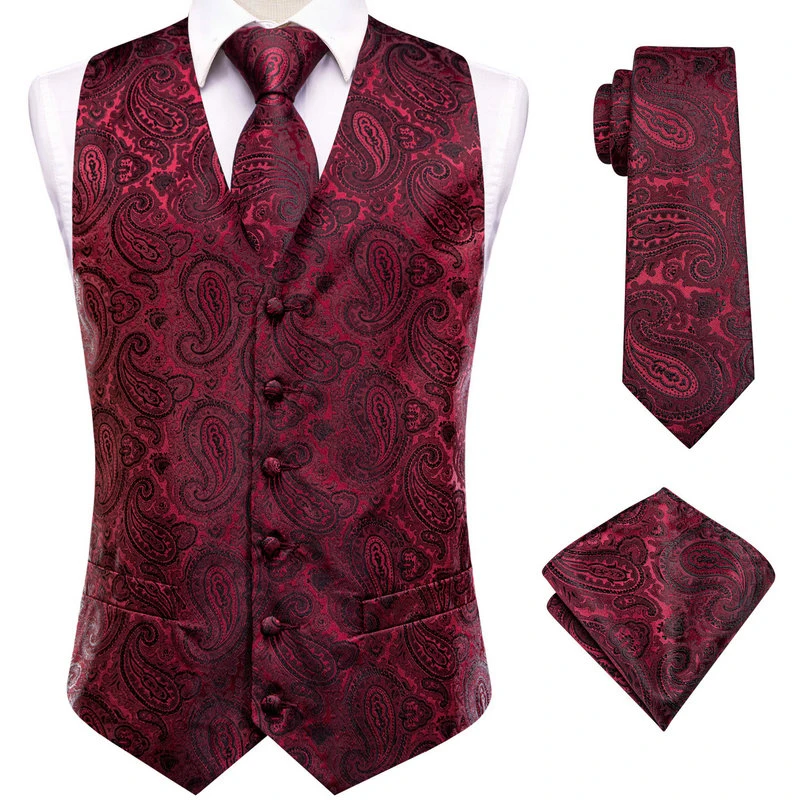 VerveRow Burgundy Paisley Men V Neck Waistcoat Set, Suit Vest Tie & Pocket Square 3PCS for Formal Occasion