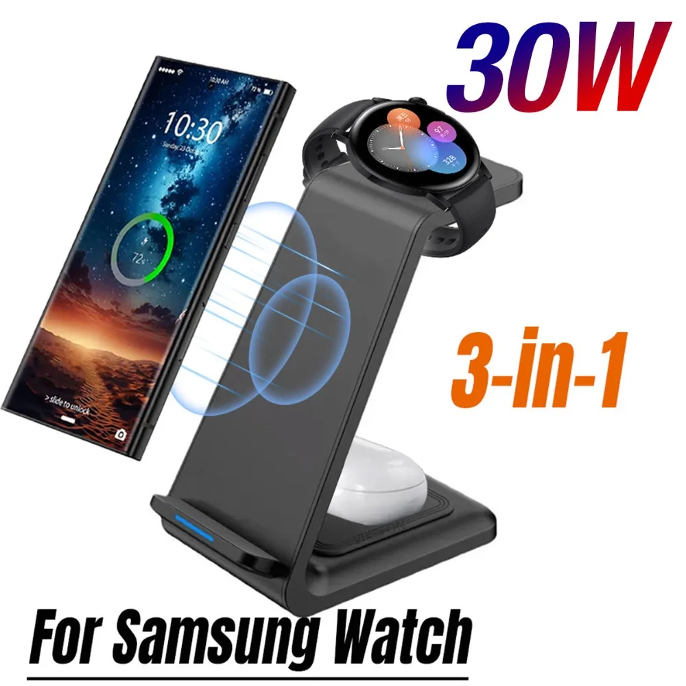

Зарядная станция 30 Вт, беспроводное зарядное устройство 3 в 1, подставка для Samsung S25 S24 S23 Galaxy Watch 7/6/5/4/3/2 Buds3/2/3 Pro, быстрая зарядка