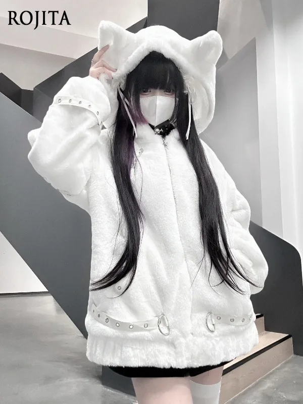 White Japanese Original Design Mass-Produced Lace Style Fleece-Lined Plush Cat Ear Coat Cute Sweet Cool Faux Fur Coat
