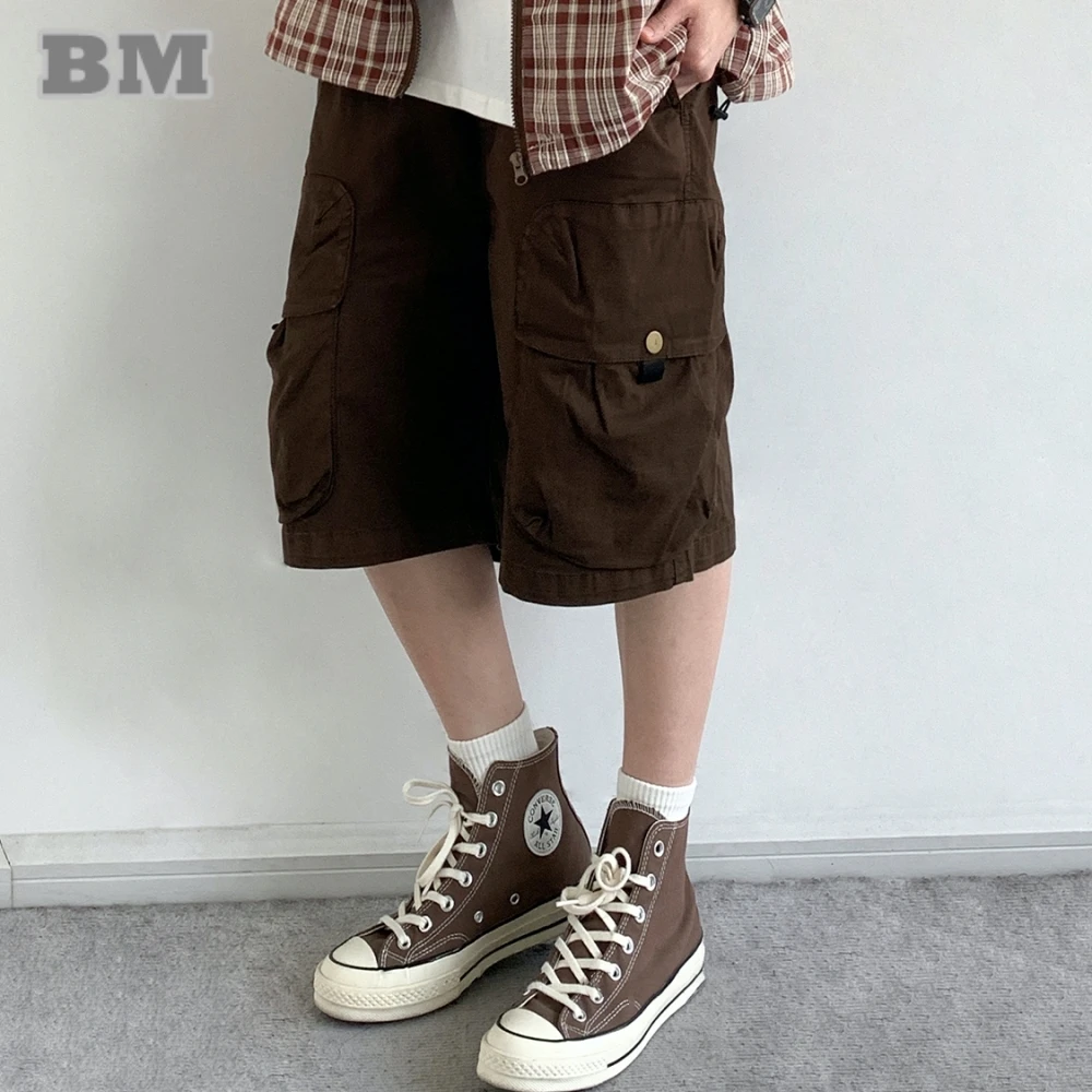 ‌Mens Japanese Streetwear Washed Cotton Cargo Shorts Summer Loose Fit Multi Pocket Outdoor Casual Mid Length Unisex Comfortable