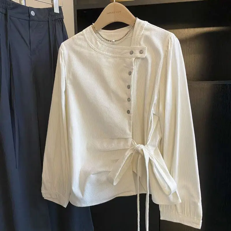 Design Sense Lace-up Waist Thickened Corduroy White Shirt Autumn And Winter French Temperament Waist Thin Long-sleeved Top