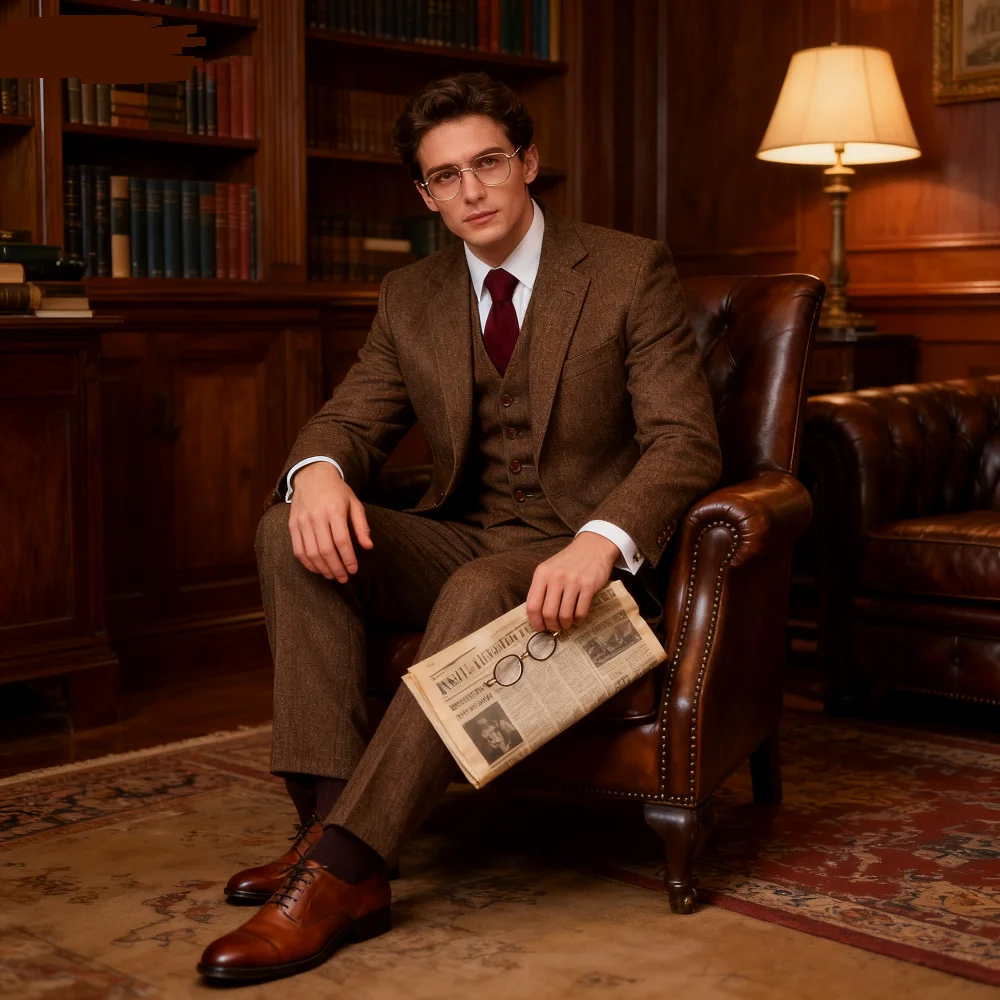 بدلة زفاف رجالية بقصة ضيقة من صوف التويد رمادي العمود الفقري للتدخين سترة رسمية سترة-ملابس رفقاء الزفاف ملابس غير رسمية للرجال #1