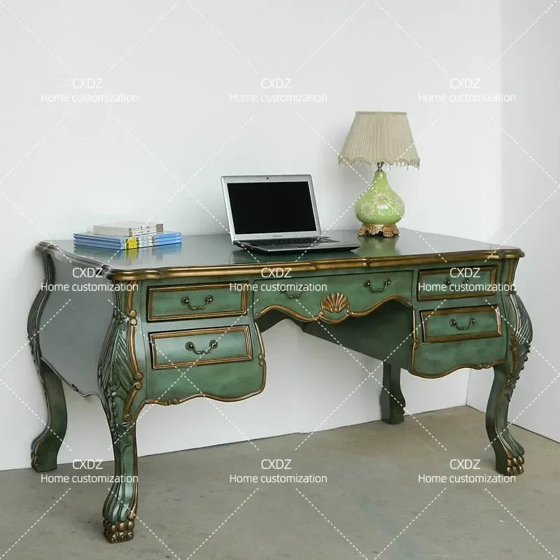 Mediterranean Antique Painted Country Desk Vintage Laptop Writing Table Rustic Home Office Furniture