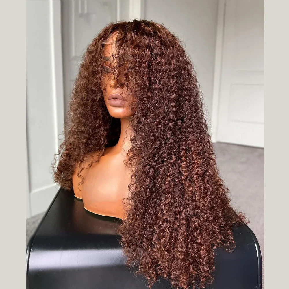 MXWIGS Kinky Curly Synthetic 13X4 Lace Front Wig For Women Brown Fringe Bangs Baby Hair 180%Density Glueless Preplucked Cosplay