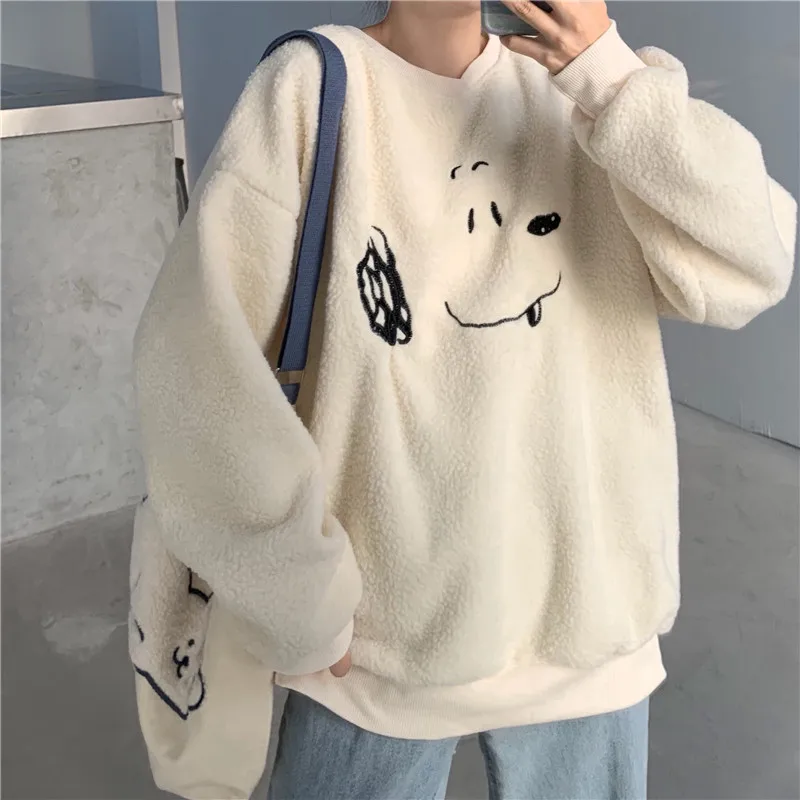 

Sweet Girly Style Apricot Lamb Wool Embroidery Cute Puppy Female Loose Pullover Winter New Arrivals Women Hoodie Sweatshirt