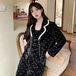 Velvet Women Pajamas 2024 New 2PCS Sleepwear Trouser Suit Loungewear Autumn Winter Fashion Print Velour Homewear Pyjama Lingerie