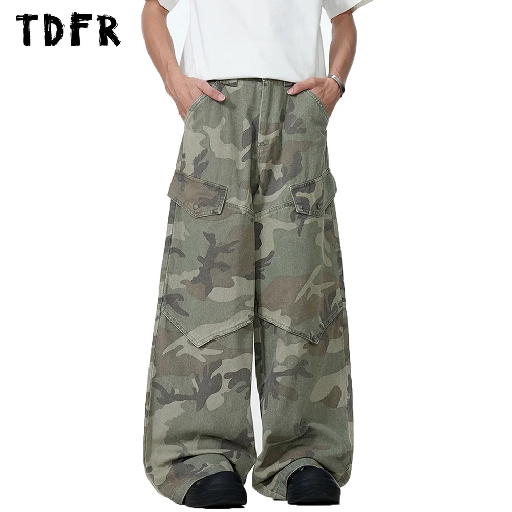 

Camouflage Cargo Wide Leg Pants Mens Pocket Safari Style Spliced Loose Straight Baggy Trousers Men